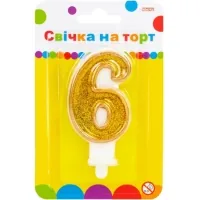 Свічка Maxi золотиста двостороння з блискітками "6", 7,62 см, на торт (MX622083-6)